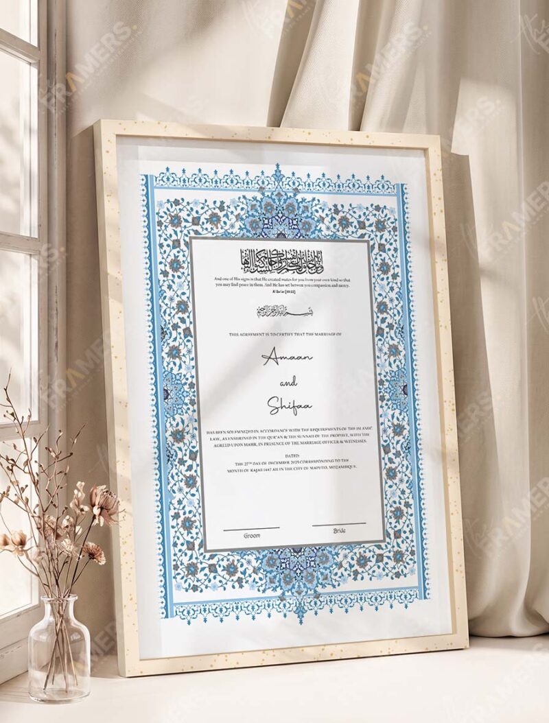 Powder Blue Persian Illuminated Nikkah Certificate in fancy off white frame