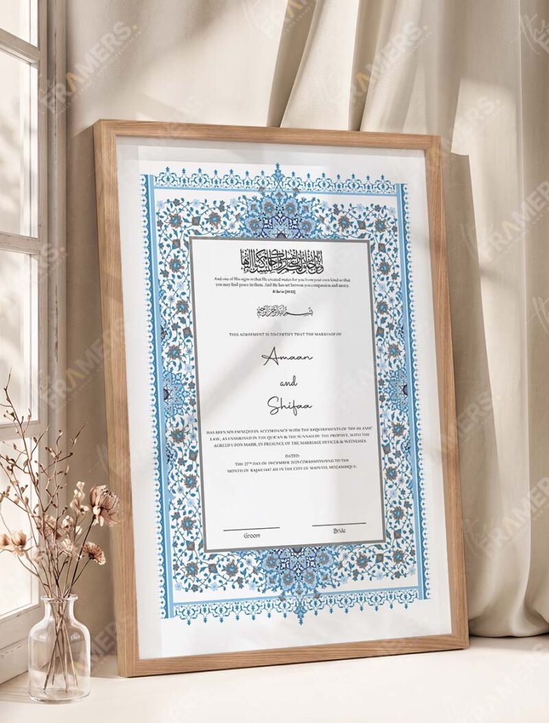 Powder Blue Persian Illuminated Nikkah Certificate in oak wood frame