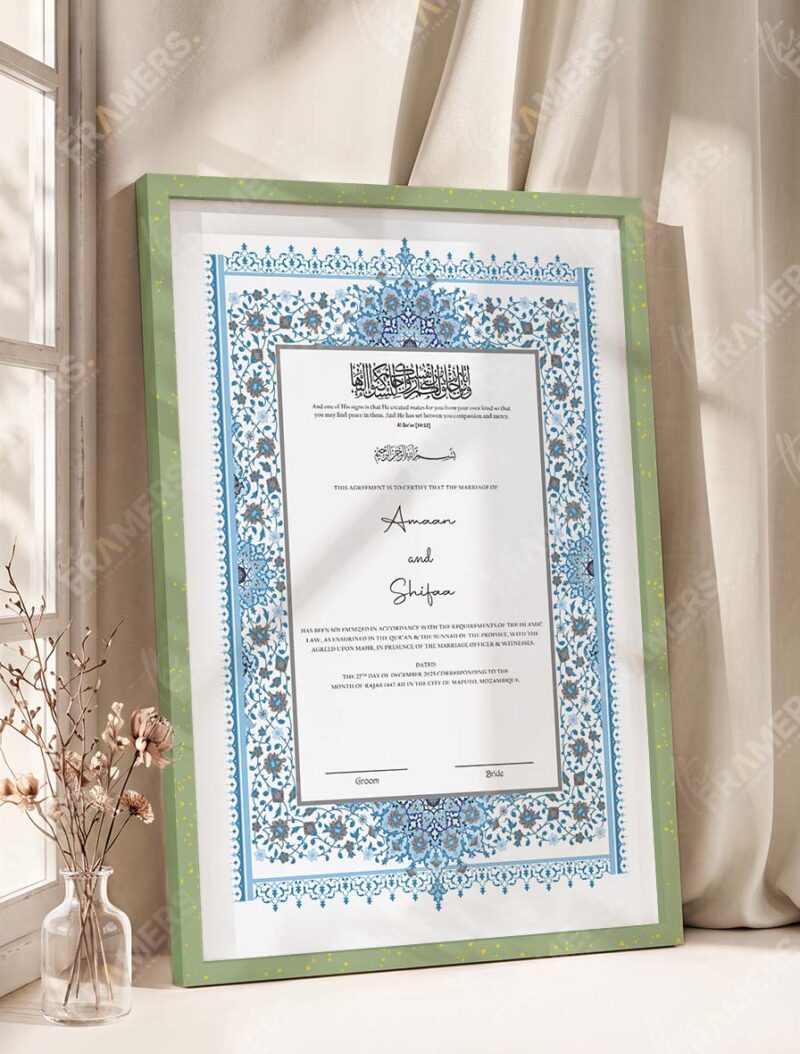 Powder Blue Persian Illuminated Nikkah Certificate in olive green frame