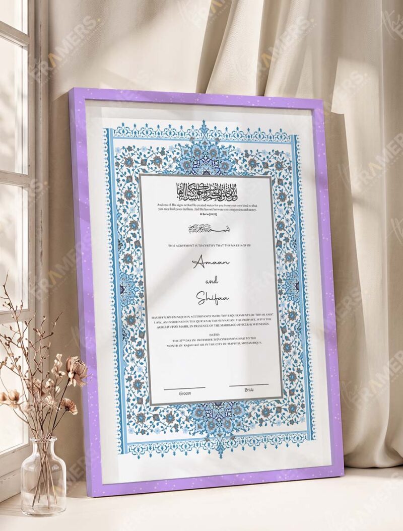 Powder Blue Persian Illuminated Nikkah Certificate in purple frame