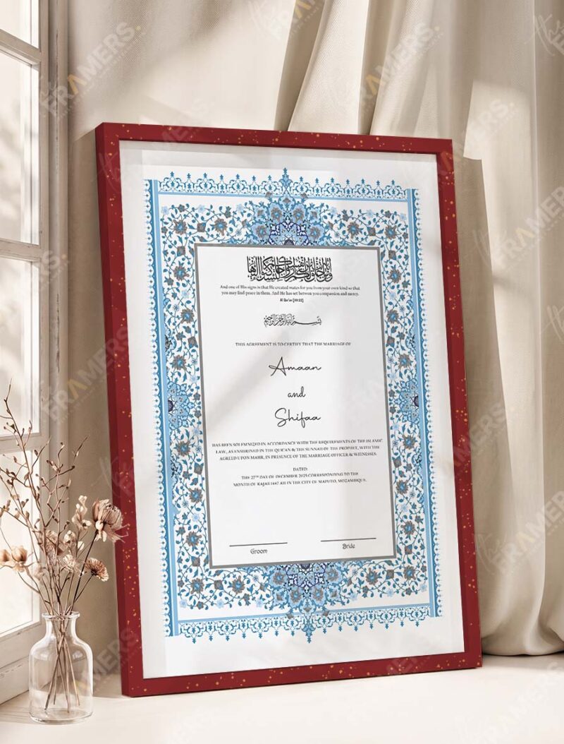 Powder Blue Persian Illuminated Nikkah Certificate in royal cherry frame