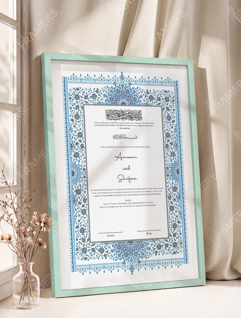Powder Blue Persian Illuminated Nikkah Certificate in soft sea green frame