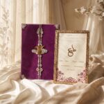 Gold Crystal Nikkah Frame with Plum Florals with its matching purple velvet folio, standing on cream silk