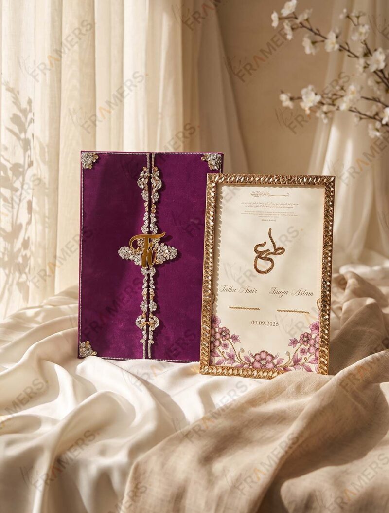 Gold Crystal Nikkah Frame with Plum Florals with its matching purple velvet folio, standing on cream silk
