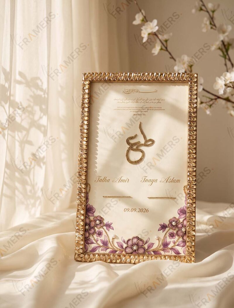 Gold Crystal Nikkah Frame with Plum Florals, angled view
