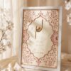 Classic White Nikkah Frame with Rose-Gold Rhinestone Vine & Zardozi, standing on cream silk