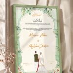 Sage Green Botanical Nikkah Certificate with Couple Illustration in olive green frame