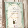 Sage Green Botanical Nikkah Certificate with Couple Illustration in soft sea green frame