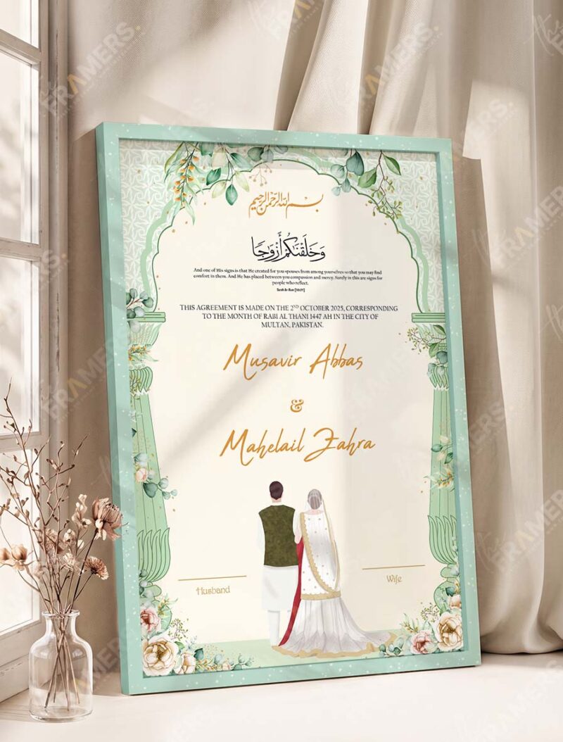 Sage Green Botanical Nikkah Certificate with Couple Illustration in soft sea green frame