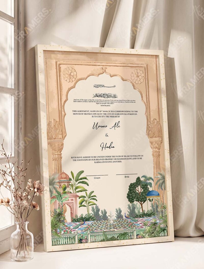 Sandstone Mughal Arch Garden Nikkah Certificate in fancy off white frame
