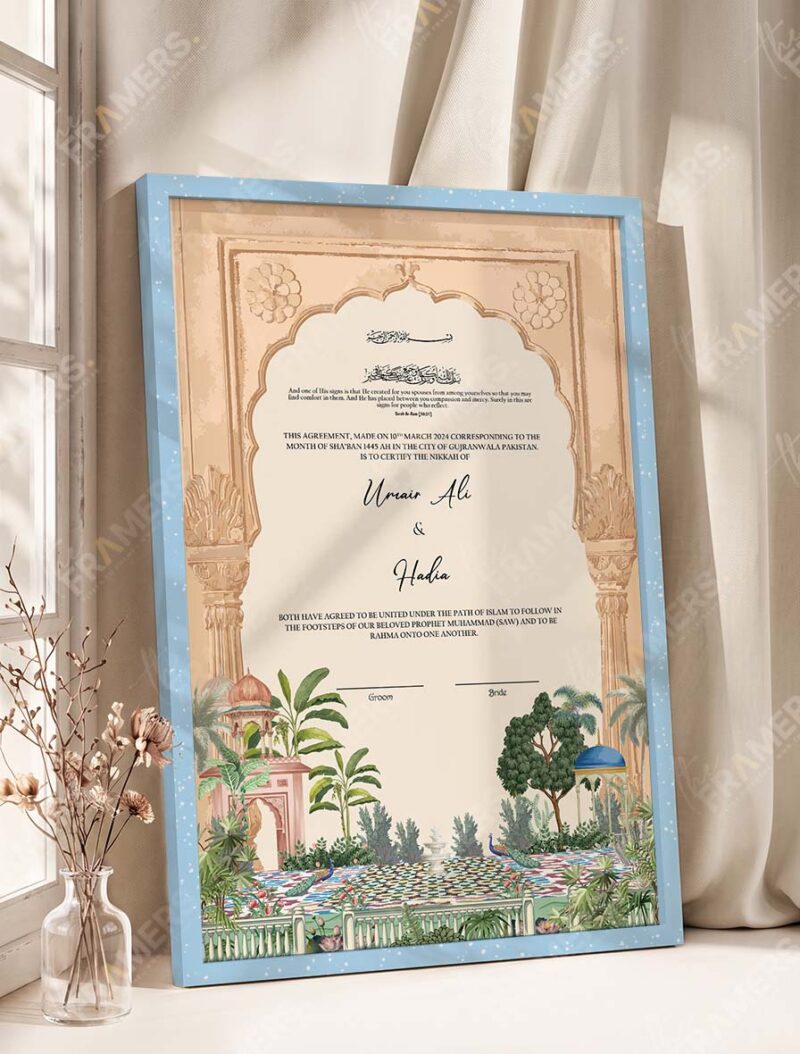 Sandstone Mughal Arch Garden Nikkah Certificate in modern ice blue frame
