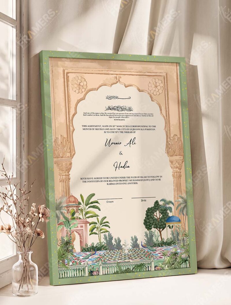 Sandstone Mughal Arch Garden Nikkah Certificate in olive green frame
