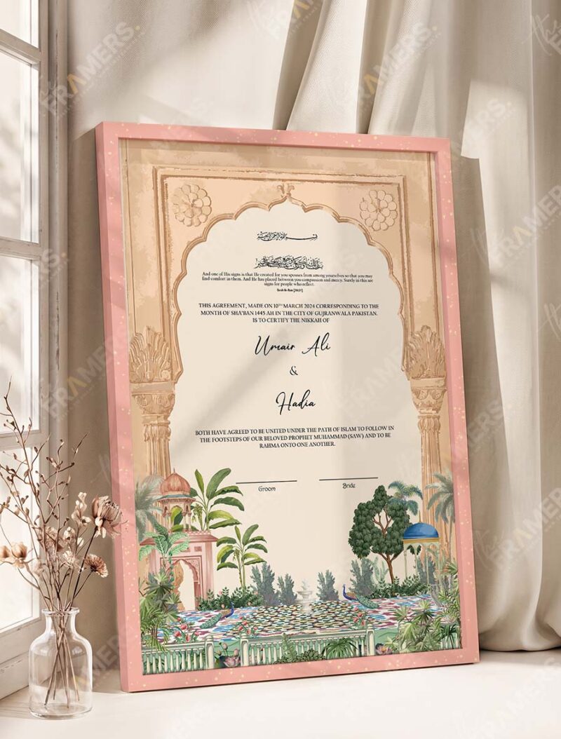Sandstone Mughal Arch Garden Nikkah Certificate in soft peach pink frame