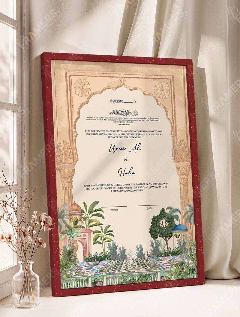 Sandstone Mughal Arch Garden Nikkah Certificate in rich royal cherry frame
