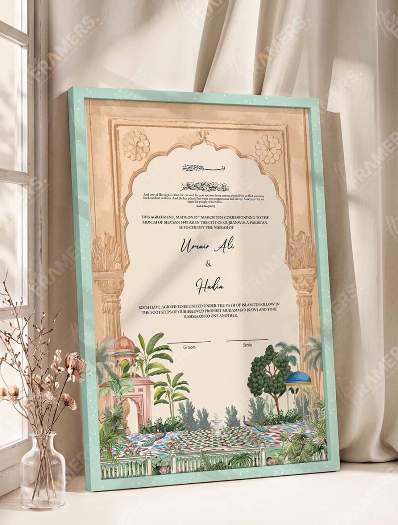 Sandstone Mughal Arch Garden Nikkah Certificate in soft sea green frame