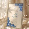 Crystal Nikkah Frame with Royal Sapphire Blue Florals, standing on cream silk