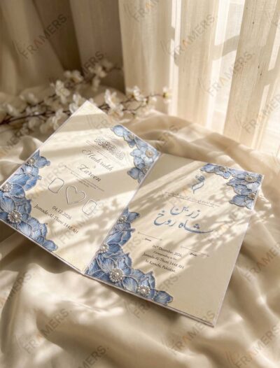 Sapphire Blue Floral Nikkah Booklet on cream silk