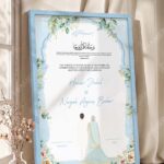 Sky Blue Botanical Nikkah Certificate with Couple Illustration in ice blue frame