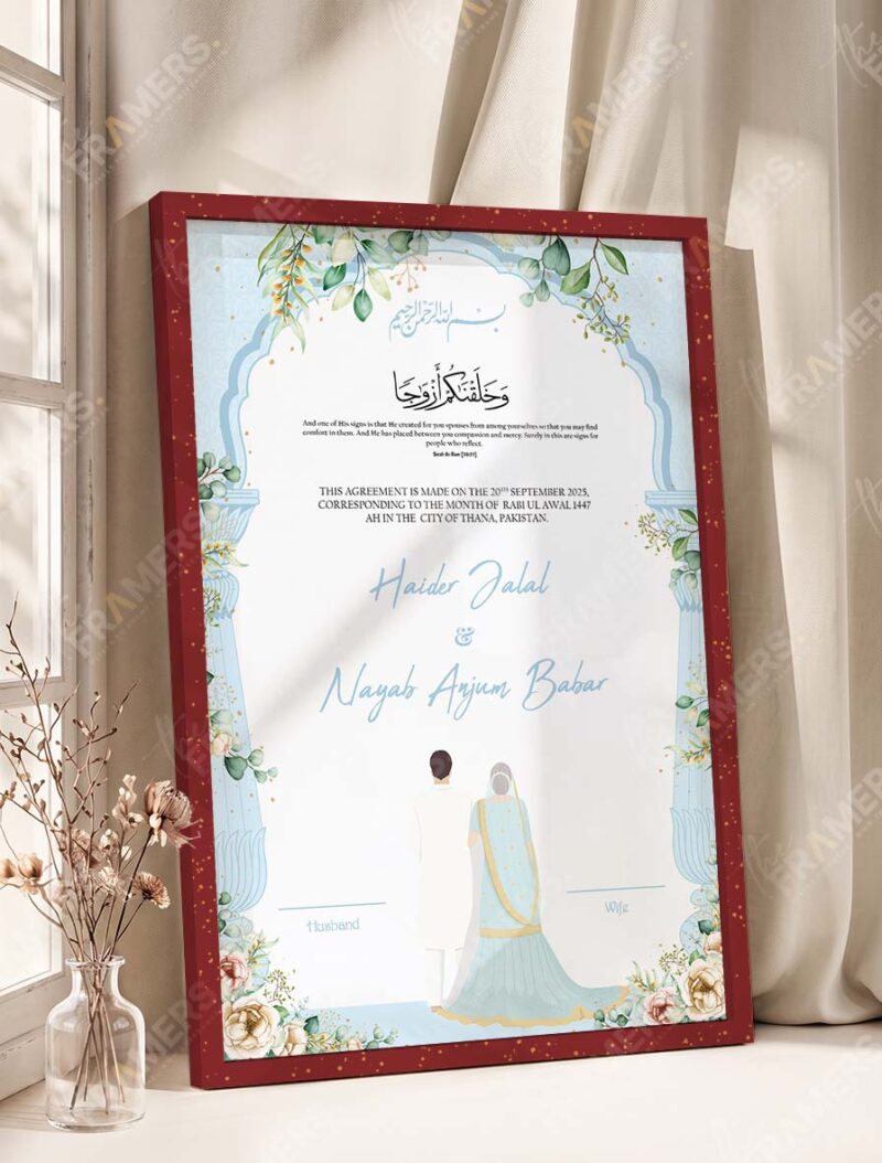Sky Blue Botanical Nikkah Certificate with Couple Illustration in royal cherry frame
