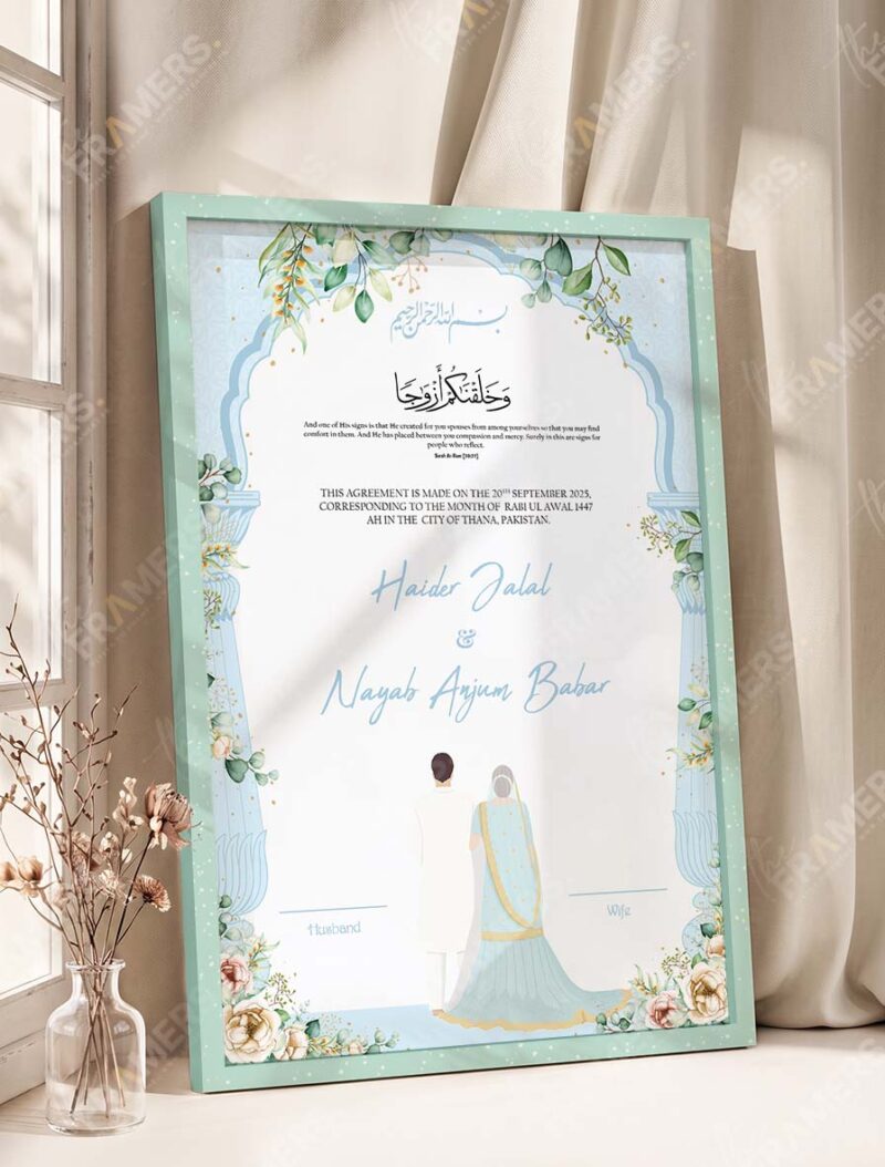 Sky Blue Botanical Nikkah Certificate with Couple Illustration in soft sea green frame