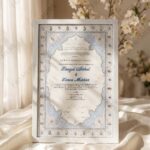 Sacred Marriage Contract Frame with Sky Blue Persian Border, standing on cream silk