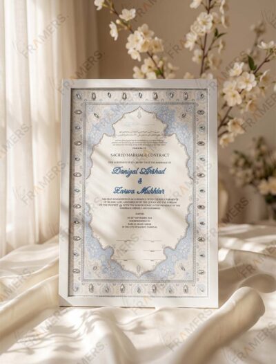 Sacred Marriage Contract Frame with Sky Blue Persian Border, standing on cream silk