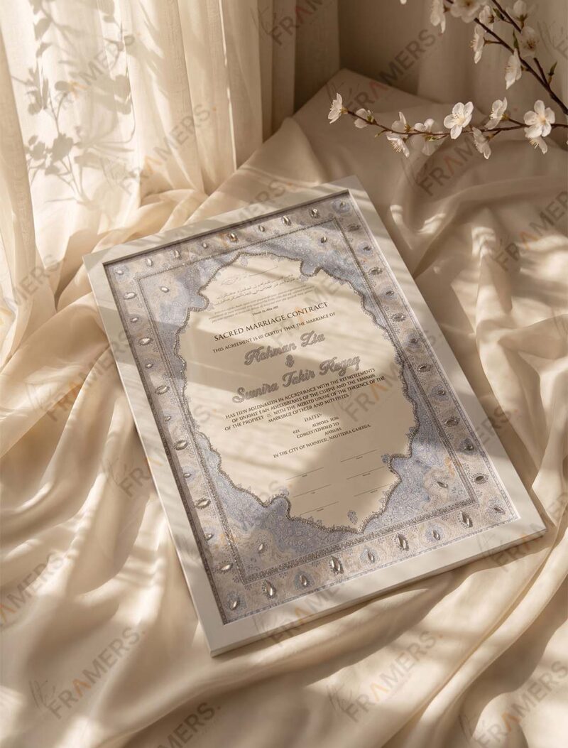 Sacred Marriage Contract Frame with Sky Blue Persian Border, angled view