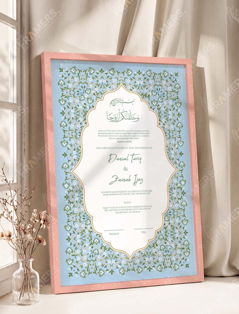 Sky blue floral Nikkah certificate in soft peach pink frame