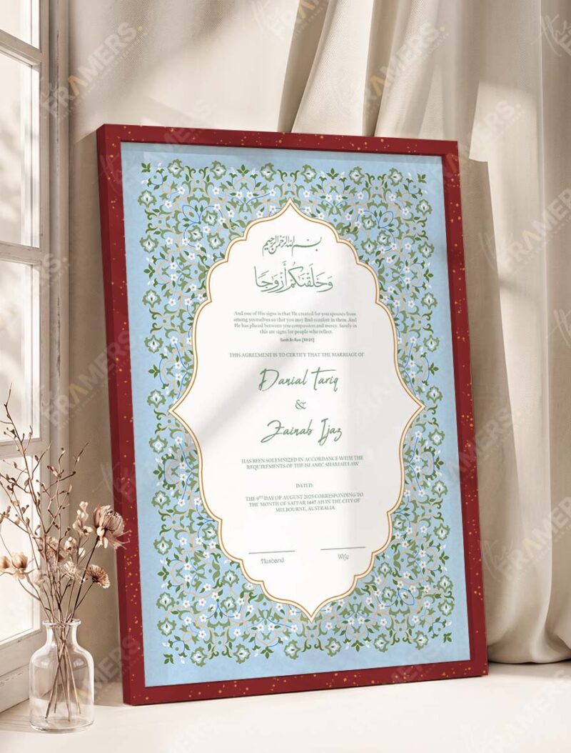 Sky blue floral Nikkah certificate in rich royal cherry frame