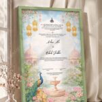 Sky Blue Peacock Palace Nikkah Certificate in olive green frame