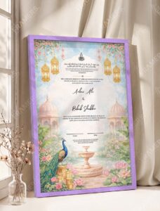 Sky Blue Peacock Palace Nikkah Certificate in deep purple frame