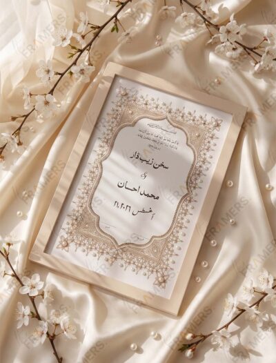 Minimalist Soft Gold Nikkah Frame with Pearl-Studded Gold Arch, standing on cream silk