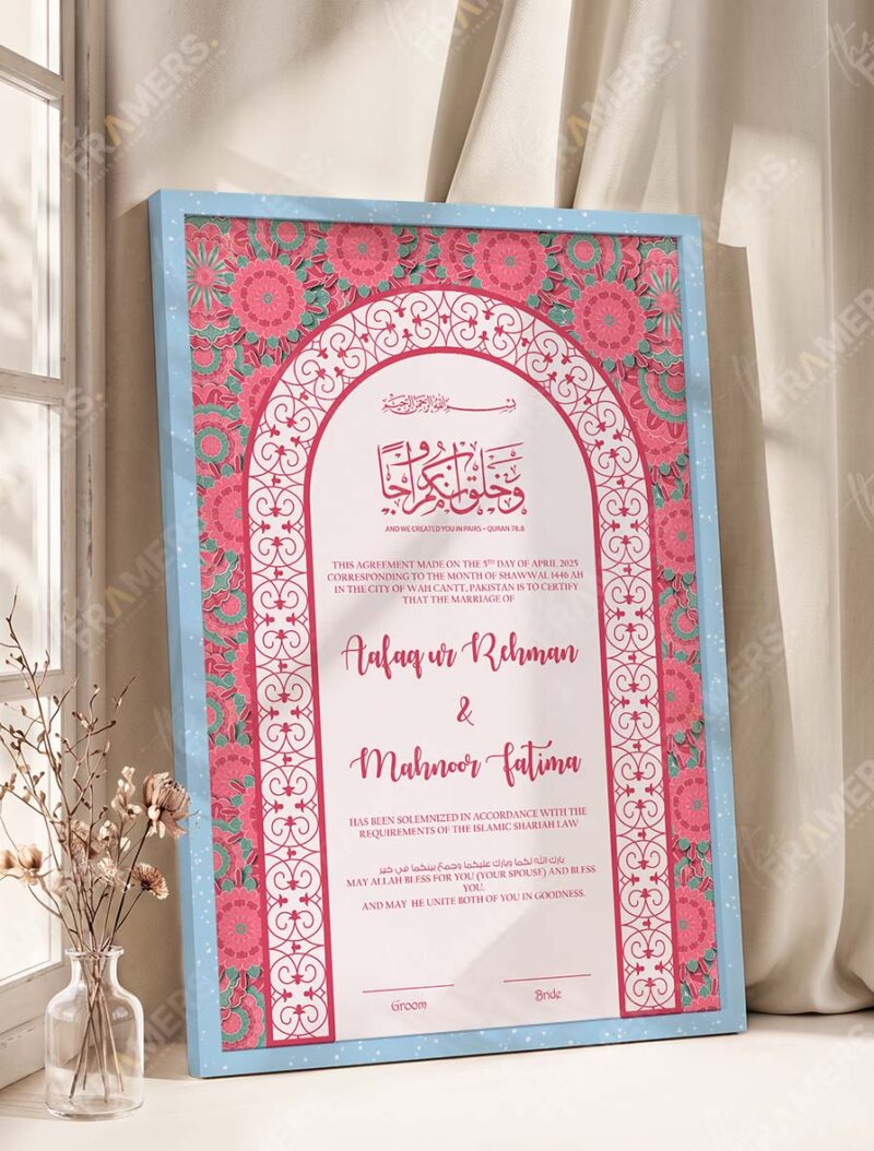 Soft Pink Floral and Gold Arch Nikkah Certificate in ice blue frame