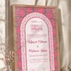 Soft Pink Floral and Gold Arch Nikkah Certificate in oak wood frame