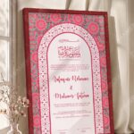 Soft Pink Floral and Gold Arch Nikkah Certificate in royal cherry frame
