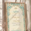 Teal Arabesque Arch Nikkah Certificate in natural oak wood frame