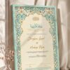 Teal Arabesque Arch Nikkah Certificate in soft sea green frame