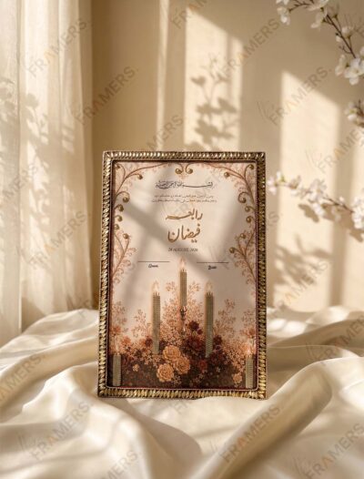 Bronze Crystal Candelabra & Autumn Floral Nikkah Frame, standing on cream silk