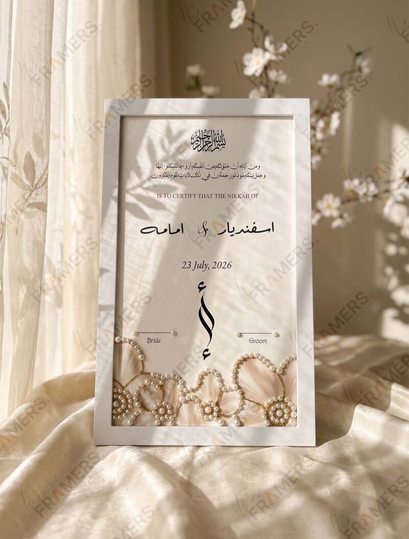 White Pearl Garland & Blush Rosette Embellished Nikkah Frame, angled view