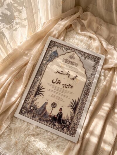 Classic White Mughal Dome Floral Arch Nikkah Frame, standing on cream silk