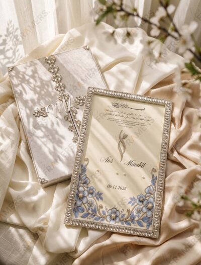 White Velvet Gatefold Nikkah Booklet on cream silk